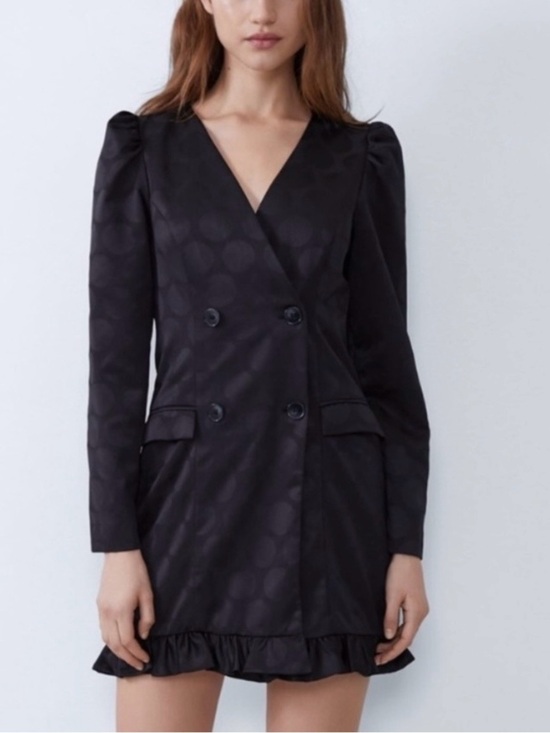 Dresses & Skirts - Zara polka dot jacquard blazer mini dress featuring a deep V-neck, puff shoulder